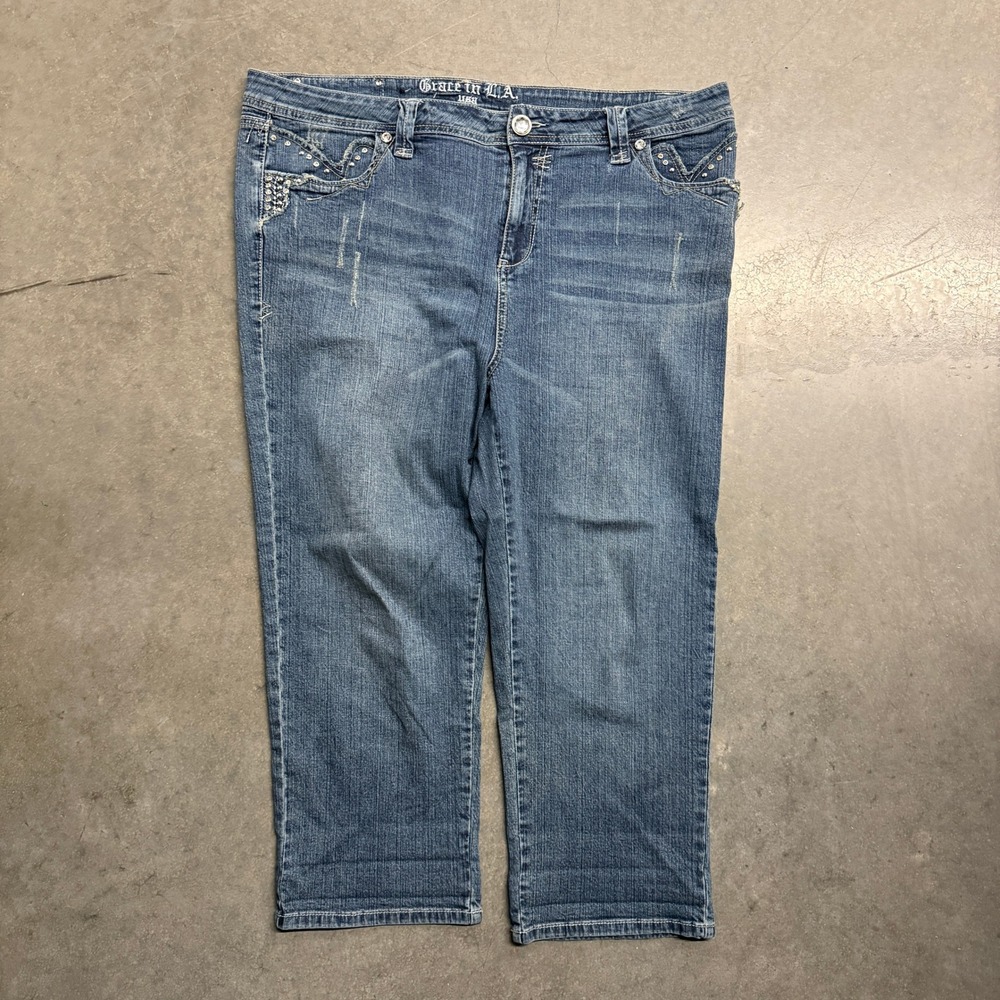 Grace in LA Embellished Capri Jeans Medium Wash Rhinestone Size 3XL Stretch